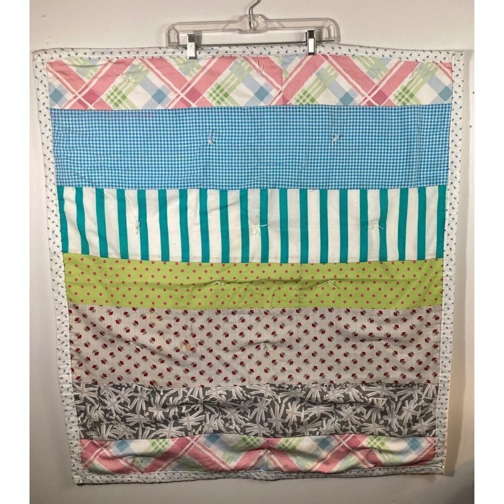 Handmade Hand Tied Baby Quilt Large Multicolored Stripes White Blue Rose Flannel